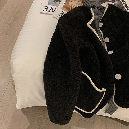 Korean Style Short Lamb Fur Jacket Women's Crew Neck Lazy Style Outerwear Autumn Winter New Arrival Soft Cozy round Neck Top