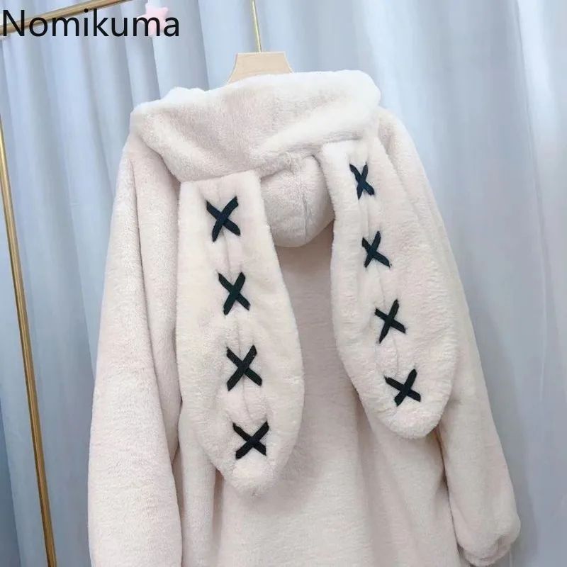 2025 Winter Clothing Women's Jackets Harajuku Rabbit Ears Punk Black Coats Thicked Furry Zipper Oversized Y2k Tops Ropa Mujer