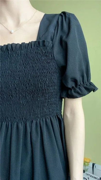 Spring Summer Elastic Waist Chiffon Dress Women Casual Dresses Fashion Female  Vestidos Short Sleeve Pleated A-line Dresses