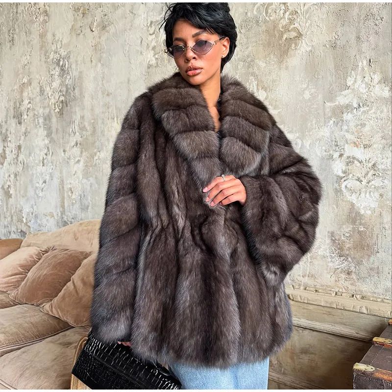 Women Patchwork Faux Fur Coat Elegant Contrast Full Sleeve Lapel Loose Long Staple Plush Jacket Winter High Street Outerwears