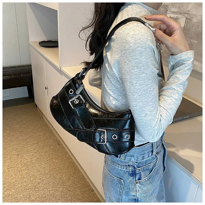 Red Vintage Shoulder Bag Y2K Belt Design PU Leather Underarm Bags for Women Trend Hot Cool Girl Crossbody Bag Punk Style Handbag