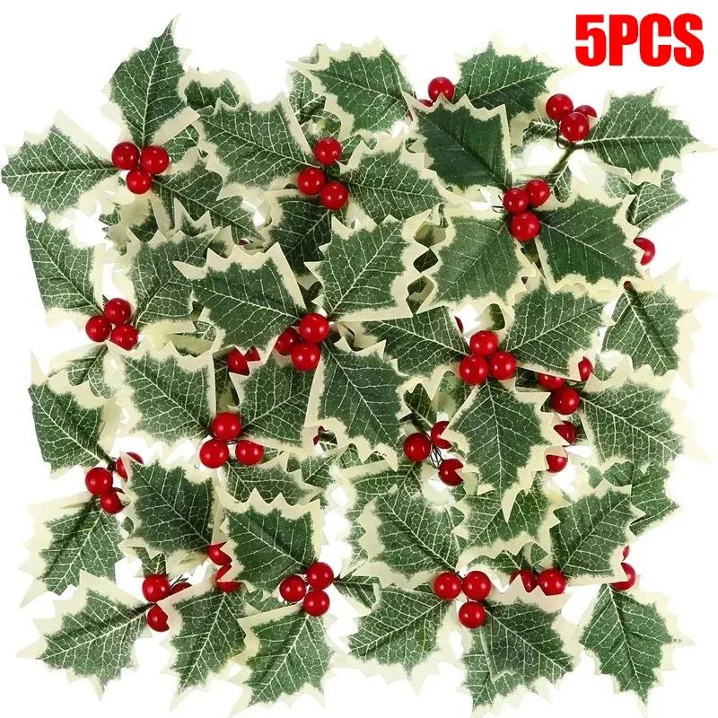 5-100Pcs Artificial Holly Berry Green Leaves Christmas Ornaments Gold Red Holly Berry Stems Xmas Tree Wreath Gifts Party Decor