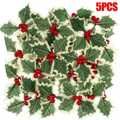 5-100Pcs Artificial Holly Berry Green Leaves Christmas Ornaments Gold Red Holly Berry Stems Xmas Tree Wreath Gifts Party Decor
