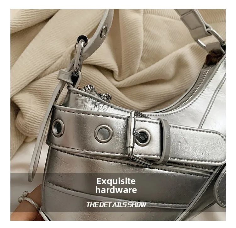 Red Vintage Shoulder Bag Y2K Belt Design PU Leather Underarm Bags for Women Trend Hot Cool Girl Crossbody Bag Punk Style Handbag