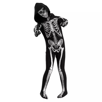 Child Skeleton Horror Hooded Costume Kids Grim Reaper Spooky Skeleton Bodysuit Jumpsuit Scary Halloween Party Role Play Costume