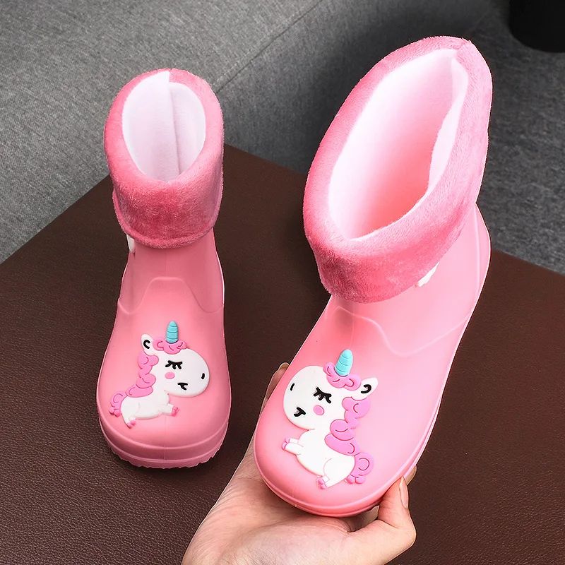 Children's Fleece-Lined Non-Slip Rain Boots For Boys And Girls Cartoon Cute Princess Style Anti-Slip Four Seasons Kids Shoes