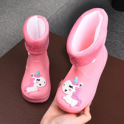 Children's Fleece-Lined Non-Slip Rain Boots For Boys And Girls Cartoon Cute Princess Style Anti-Slip Four Seasons Kids Shoes