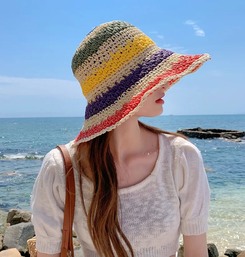 Rainbow Straw Hat Woman Summer Sun Visor Handmade Crochet Big Brim Bucket Hat Ladies Beach Sun Cap Boho Lady Girls Fashion Caps