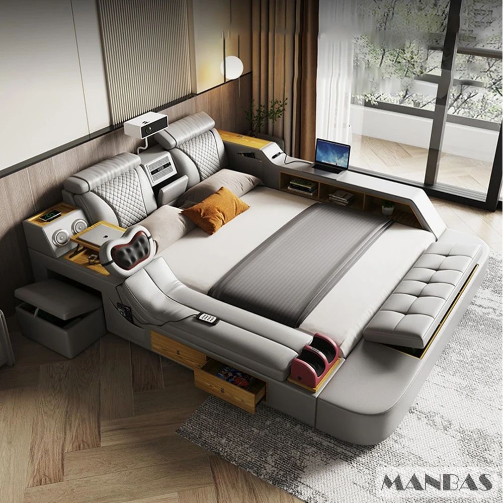 Linlamlim Ultimate Multifunctional Bedframe - Tech Smart Bed with Genuine Leather, Massage, Speaker, Projector, Air Purifier