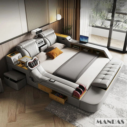 Linlamlim Ultimate Multifunctional Bedframe - Tech Smart Bed with Genuine Leather, Massage, Speaker, Projector, Air Purifier