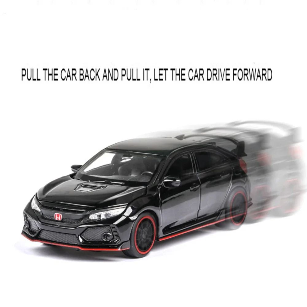 Carrinhos de brinquedo Honda Civic Type-R em liga metálica, escala 1:32, modelos fundidos com som e luz, veículos em miniatura, presentes de aniversário para crianças e adultos