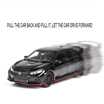 Carrinhos de brinquedo Honda Civic Type-R em liga metálica, escala 1:32, modelos fundidos com som e luz, veículos em miniatura, presentes de aniversário para crianças e adultos