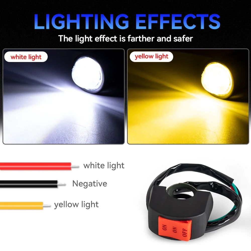 Farol LED Universal para Motocicleta Lente Projetora Duas Cores ATV Scooter Lâmpada de Condução Luz de Neblina Lâmpada Auxiliar Holofote Interruptor