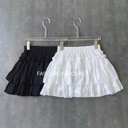 Summer Kawaii White Ruflles Skirt Women Fashion Slim Fit Chiffon Mini Skirts Giris Y2k All Match Elastic High Waist Black Faldas