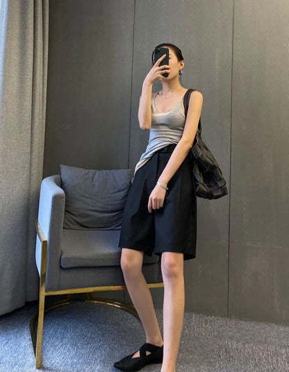 High Waist Wide Leg Suit Shorts for Women Spring Summer Button Straight Short Pants Office Lady Fashion Casual Womens Shorts