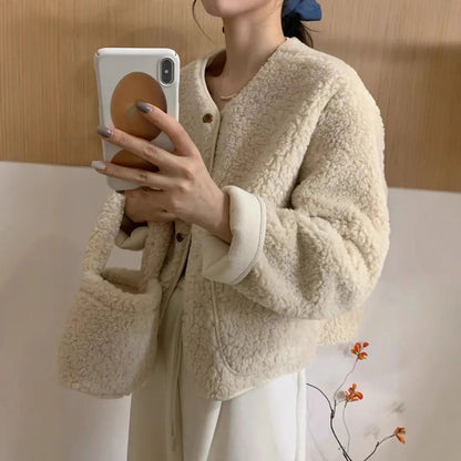 Korean Chic round Neck Single Button Loose Lamb Fur Jacket Winter Elegant Fashion Small Size with Bag Matching Women's Coat