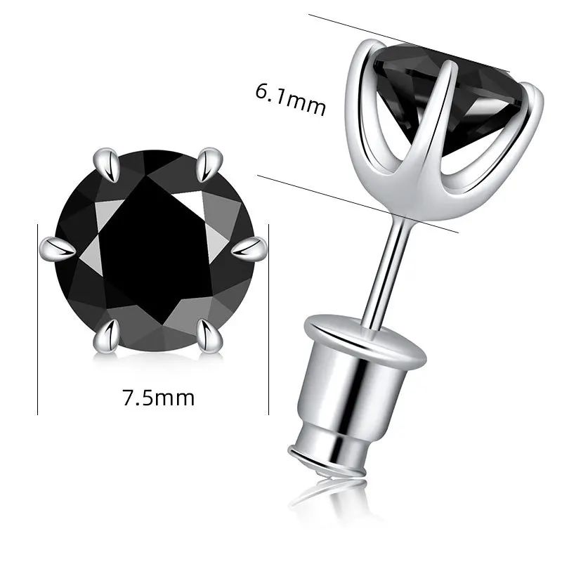 0.5-2ct Black Moissanite Stud Earrings for Women/Men S925 Sterling Silver Diamond Round Cut Black Earrings Wedding Fine Jewelry