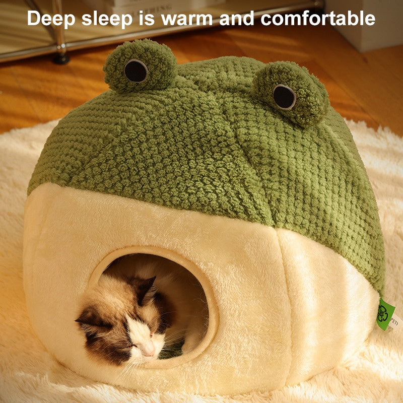 Nova Cama para Animais de Estimação Inverno Quente Toca para Cão Gato Vilinha Pelúcia Colchão para Pets Pequeno Formato Sapo Semi-Fechada Casa para Gatinhos Filhotes Suprimentos para Animais de Estimação
