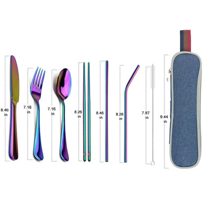 Travel Hiking Portable Dinnerware Set with Pouch Reusable Stainless Steel Straw Cutlery Knife Spoon Fork Chopsticks Silverware