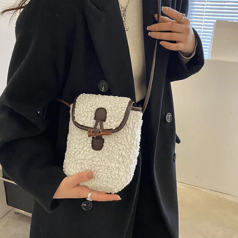 1 Pcs Women's Retro Lamb Fleece Bag Color Blocking Minimalist Mobile Phone Bag Single Shoulder Crossbody Small Bag