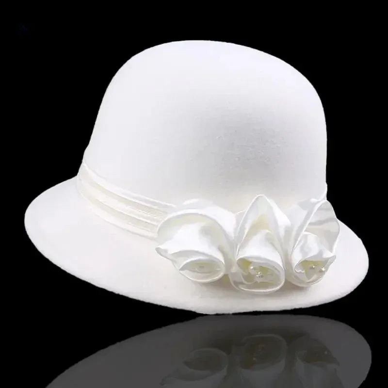 Autumn Winter NEW Wool Formal Hat Women’s  Hat Church Hat Fisherman Hat Rose Blossoms Pearl Elegant Fashion Versatile