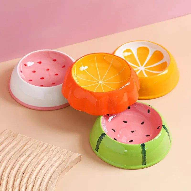 4 tigelas fofas de cerâmica para pets, tigelas em formato de melancia e morango para gatos, tigelas coloridas para cães pequenos, fornecedores de água, tigela para gatos