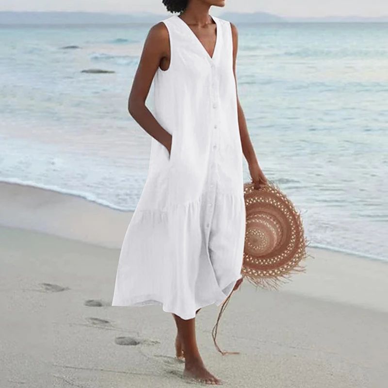 Summer Loose Casual Patchwork Cotton Linen Pocktes Dress V Neck Beach Style Dres
