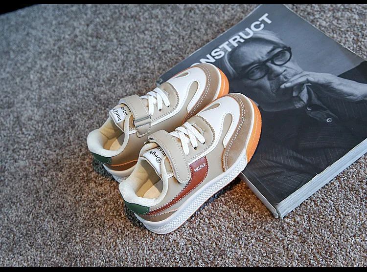 Children's Spring New Leather Upper Sneakers Middle Large Children's Casual Shoes Boys and Girls Soft Sole Students Tennis Shoes