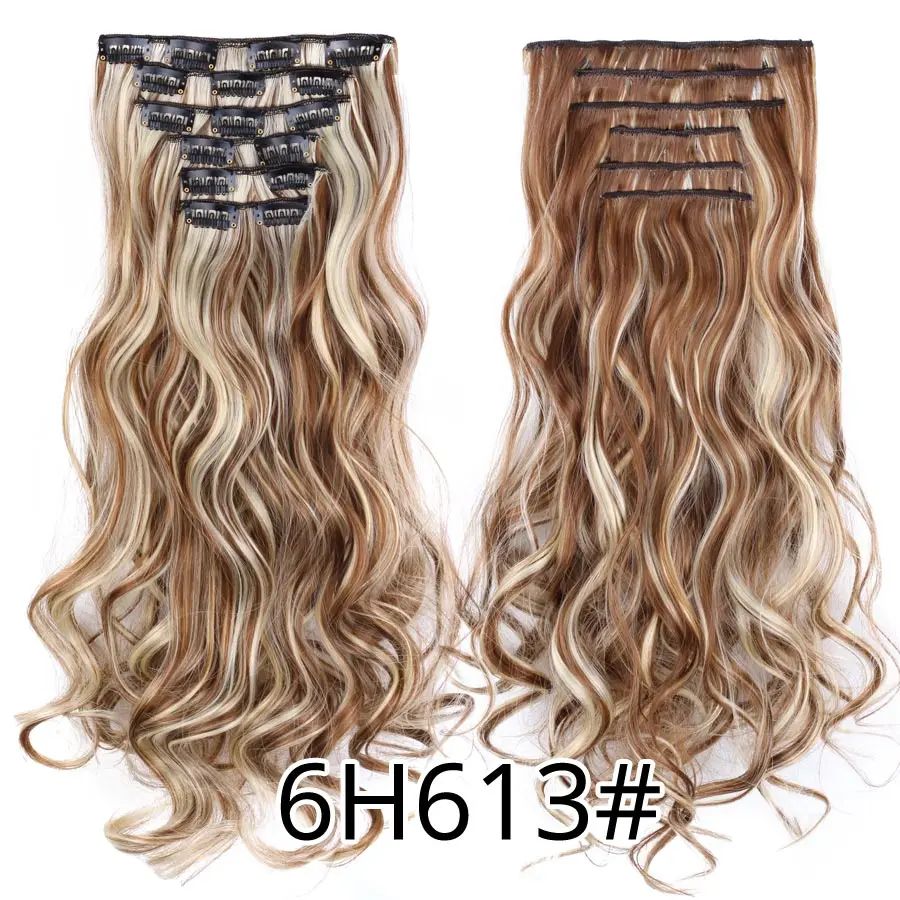 22 Polegadas Sintético Cabelo Liso Longo 16 Clipes 6 Peças/Conjunto Apliques de Cabelo Loiro Preto Resistente ao Calor Para Mulheres