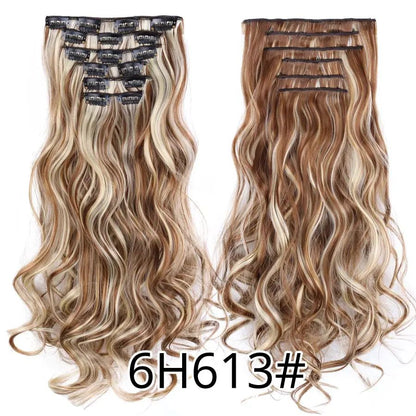 22 Polegadas Sintético Cabelo Liso Longo 16 Clipes 6 Peças/Conjunto Apliques de Cabelo Loiro Preto Resistente ao Calor Para Mulheres