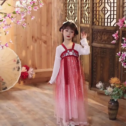 Fashion Girls Dresses Casual Outfit Long Sleeve Hanfu Girl Summer Children Clothes Princess Dress Baby Vestido Kids Tang Costume