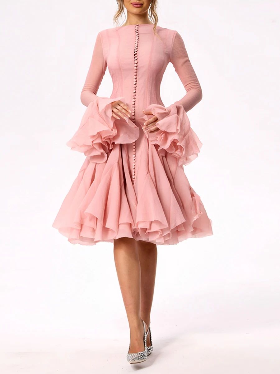 Solid Women Layered Ruffles Midi Dress Fashion Irregular Pleated A-line Long Sle
