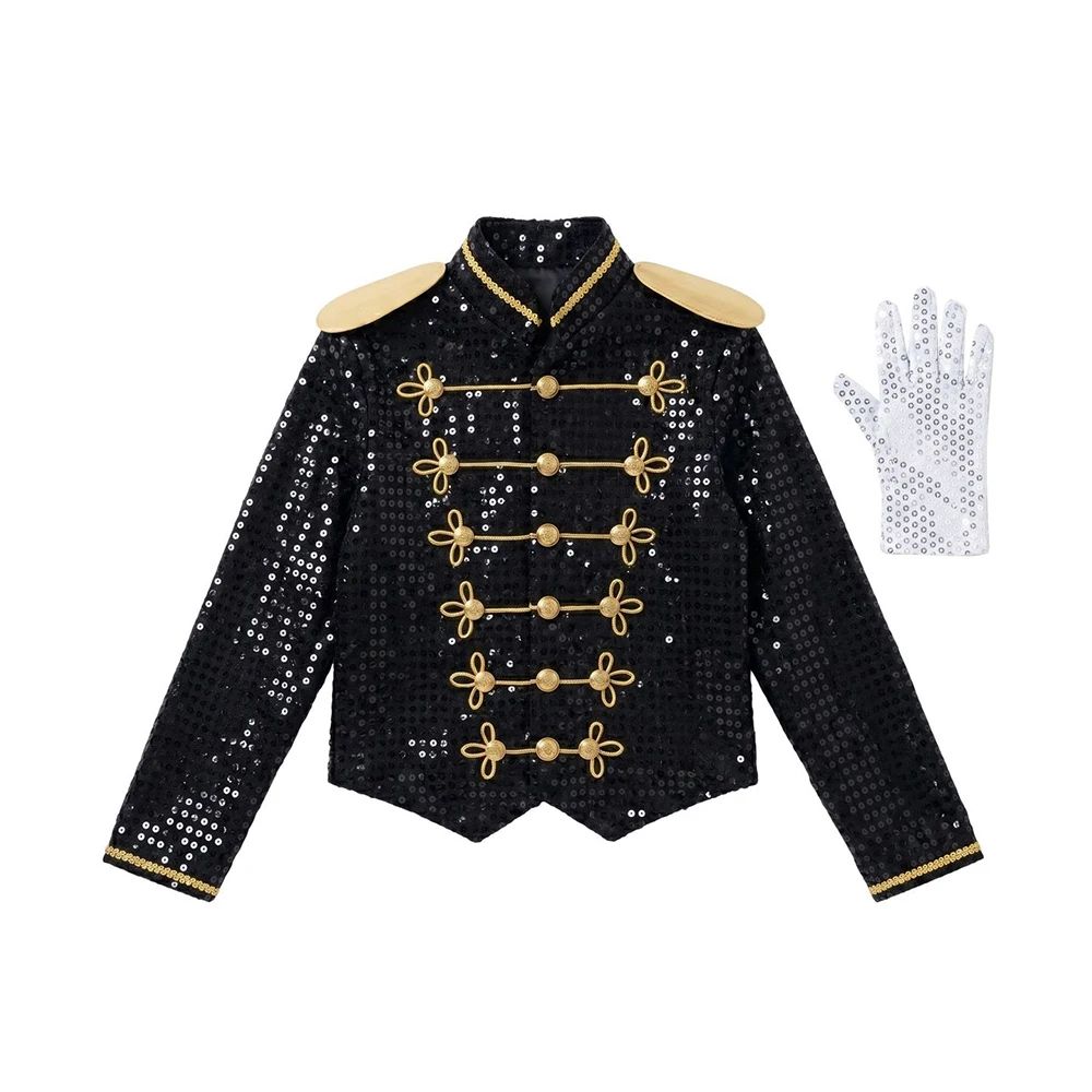 Kids Black Sequin Michael Jackson Jacket Gloves Set Boys MJ Cosplay Costume Halloween Tap Dance Stage Performance Outfit