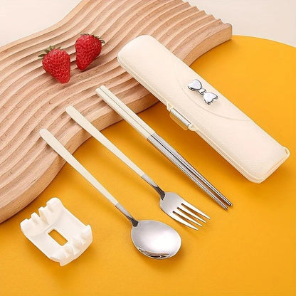 3 peças de talheres portáteis de aço inoxidável, colher, garfo e pauzinhos, caixa de armazenamento, conjunto de viagem para exterior, piquenique, escola, Ano Novo