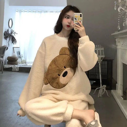 Thickened Warm Women Winter Two Pieces Set Flannel Homewear Pajamas O-Neck Loose Cute Cartoon Bear Ladies Sleepwear Loungewear