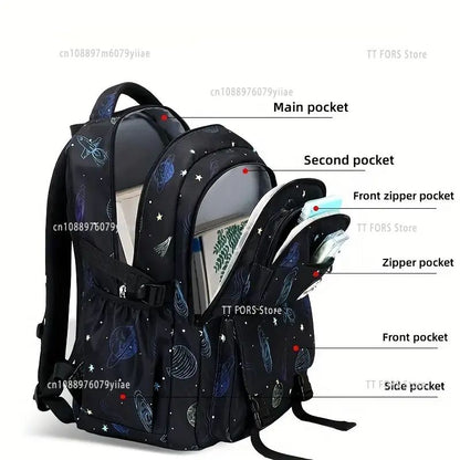 Nova Mochila Escolar Infantil Impermeável Ortopédica para Meninos com Estampa de Céu Estrelado Mochila de Descanso para Alunos do Ensino Fundamental Presente de Aniversário para Crianças