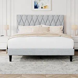 King Platform Bed Frame with Storage Space, Fabric Upholstered Headboard, Fully Upholstered Mattress Foundation, No Box Spring N