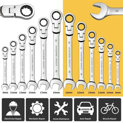 Jogo de Chaves Catraca Flexíveis com Cabeça Móvel para Carro - Chaves Combinadas Catraca Métricas de 8-17mm CrV Chaves de Engrenagem Catraca Chaves Catraca Ferramentas amagi