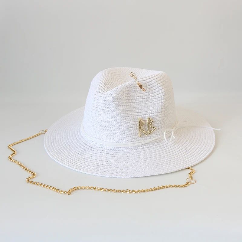 Chapéu de Sol de Verão Grande Proteção Solar Chapéus Femininos de Praia de Palha da Moda Chapéu Panamá de Grama de Luxo Feminino 60cm para Cabeça Grande