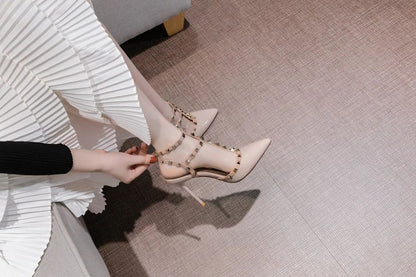 Riveted Nude High Heel Sandals for Women in Summer 2024, New Slim Heeled Pointed Fashion Sexy Back Empty Women's Sandals