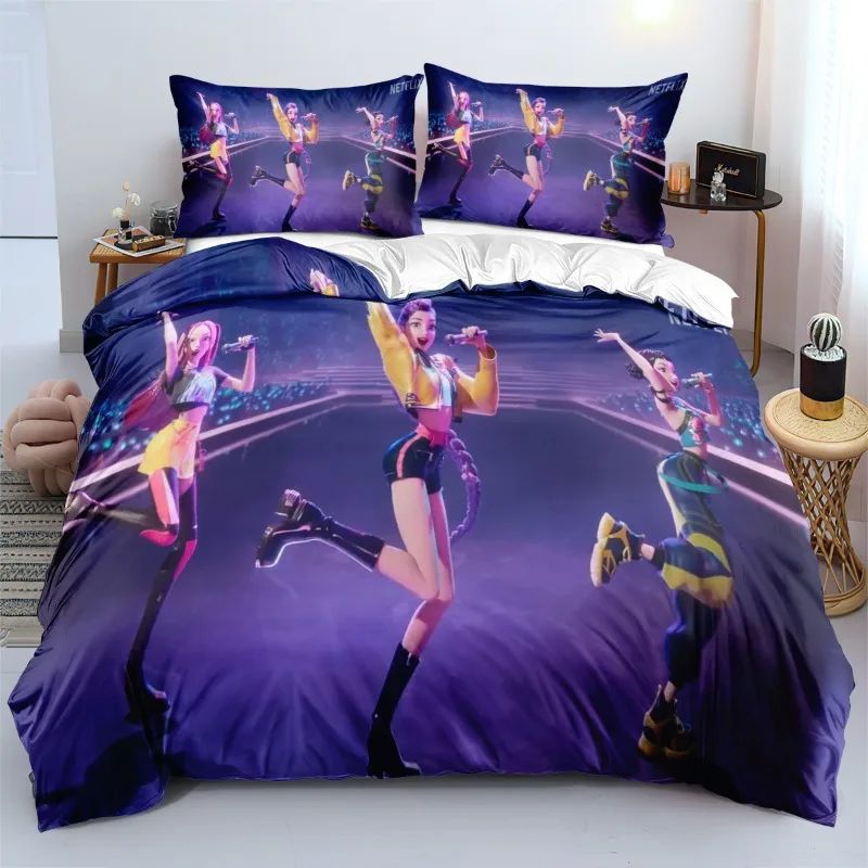 Conjunto de Cama Rumi K-Pop Caçadores de Demônios Temático 2 Lados Estampa Colorida Poliéster Lençol de Dormitório Estudantil Capa de Edredom Presente Infantil