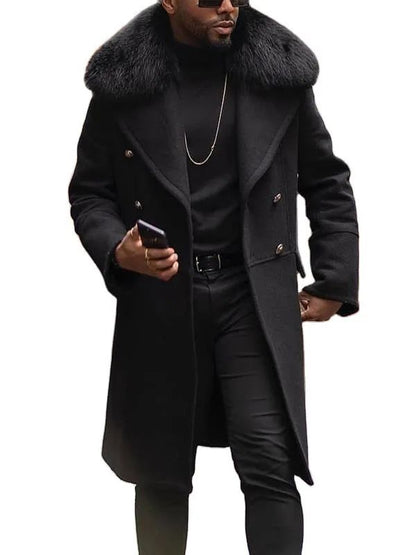 European and American Men's Casual Woolen Coat for Autumn and Winter, Young Men's Double-breasted Fur Collar Overcoat S-5XL