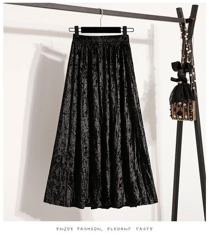 Autumn Winter Girls New A-line Velvet Skirt 2025 Plus Size Gold Velvet Half Pleated Skirt Solid Versatile High Waist Mid Skirt