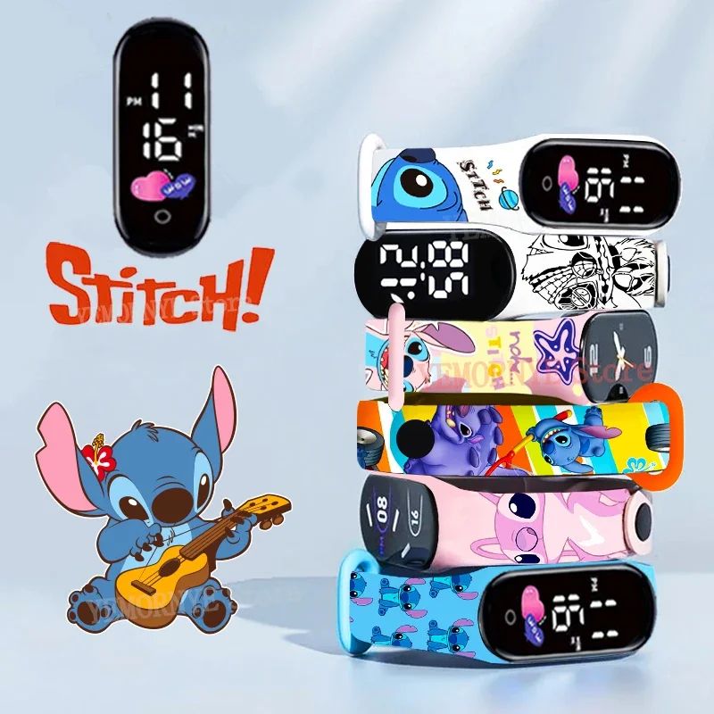 Relógios Digitais Infantis Disney Stitch Figuras de Anime LED Touch Luminoso Relógio Digital Esportivo Infantil à Prova D'Água Brinquedos de Aniversário