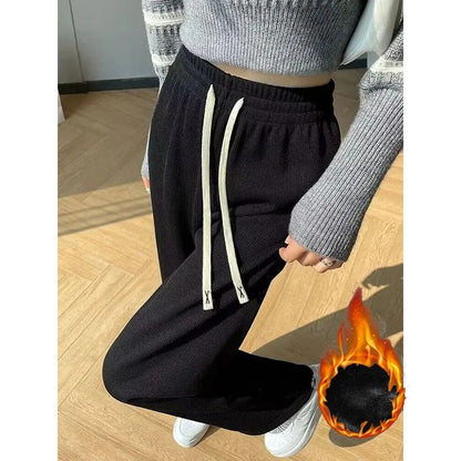 Winter Lady Korean Fashion High Waist Fleece Pants Women Slim Fit Straight Leg Plush Trousers Girls Snow Warm Casual Pants