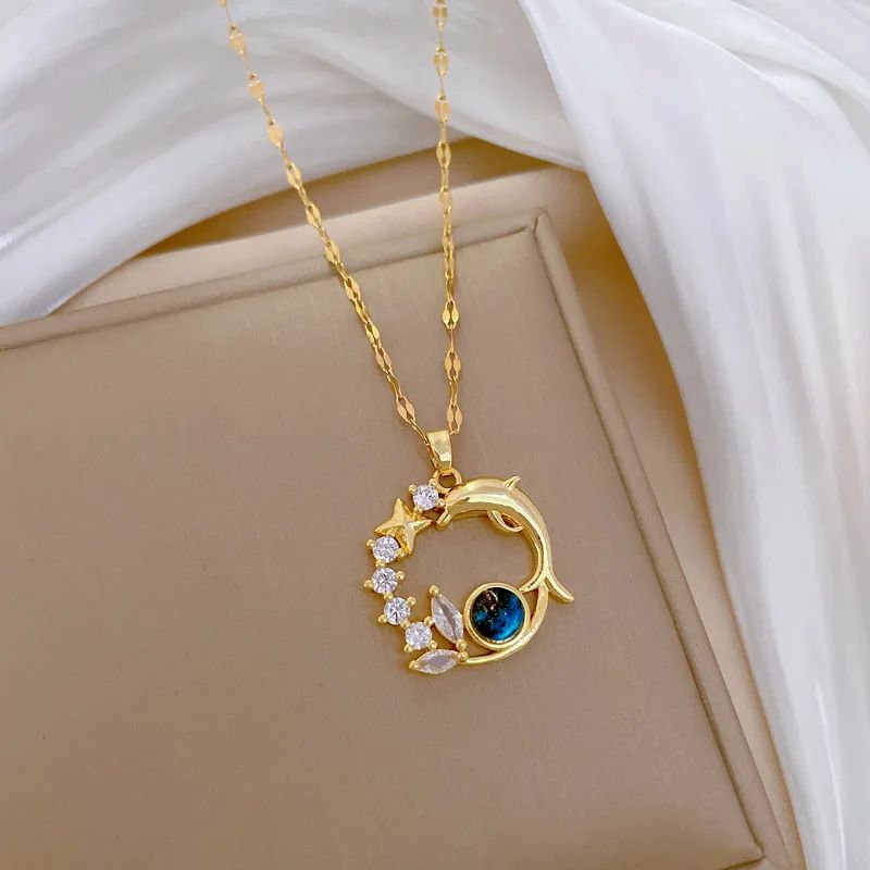 Colar Pingente Golfinho Requintado Cristal Azul para Mulheres Moda Personalizada Acessório Diário Joias de Festa Presentes de Aniversário