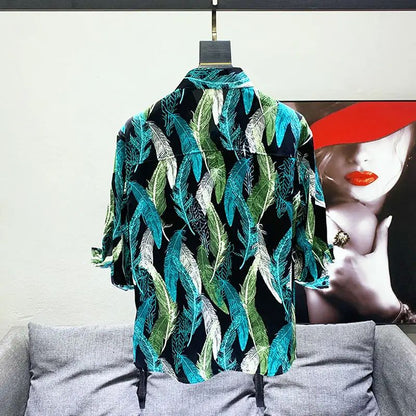 Retro Feather Print Quarter-sleeved Shirt Men's New Korean Style Slim Design Niche Mid-sleeved Floral Shirt