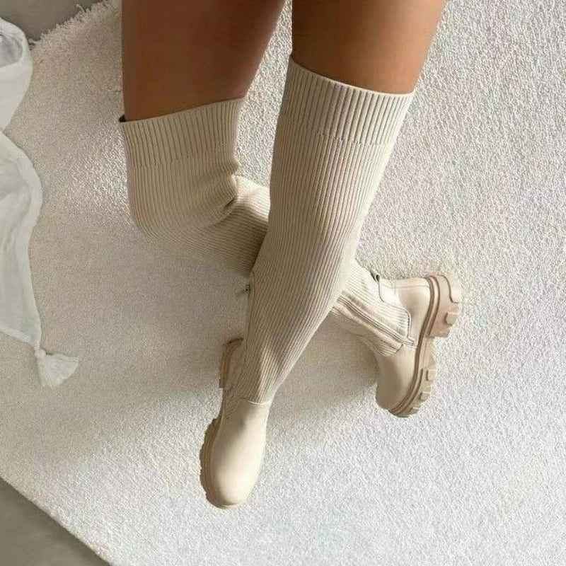 Autumn and Winter Fashion New Sexy Breathable Round Toe Solid Color Comfortable Square Heel Zipper Women's Boots