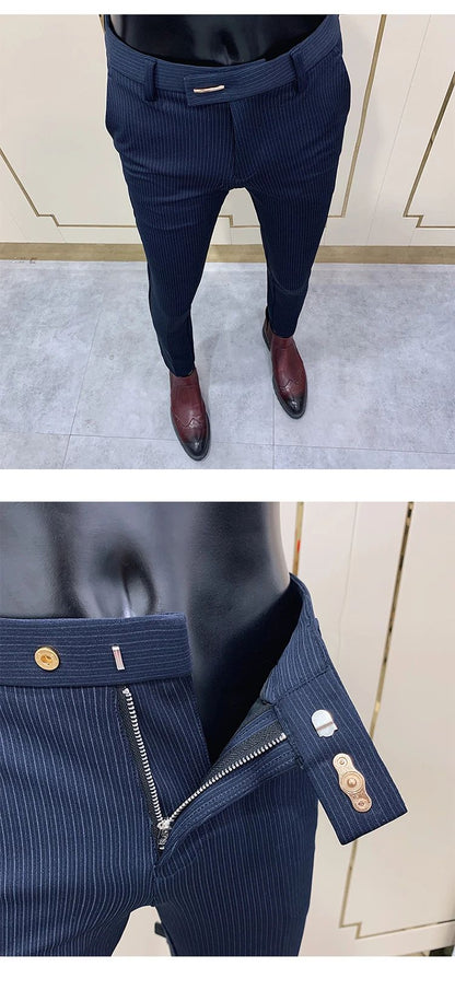 Calça Social Listrada Masculina Slim Fit com Tornozelo Justo Calça Social Masculina para Escritório e Festa Calça Social Masculina para Negócios Slim Fit