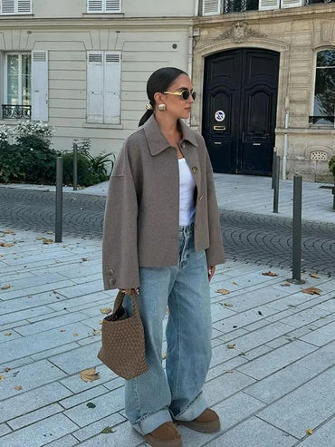 Casual Solid Single Breasted Wool Jacket Women Chic Lapel Long Sleeve Pleated Pocket Loose Coats Autumn High Street Overcoat New